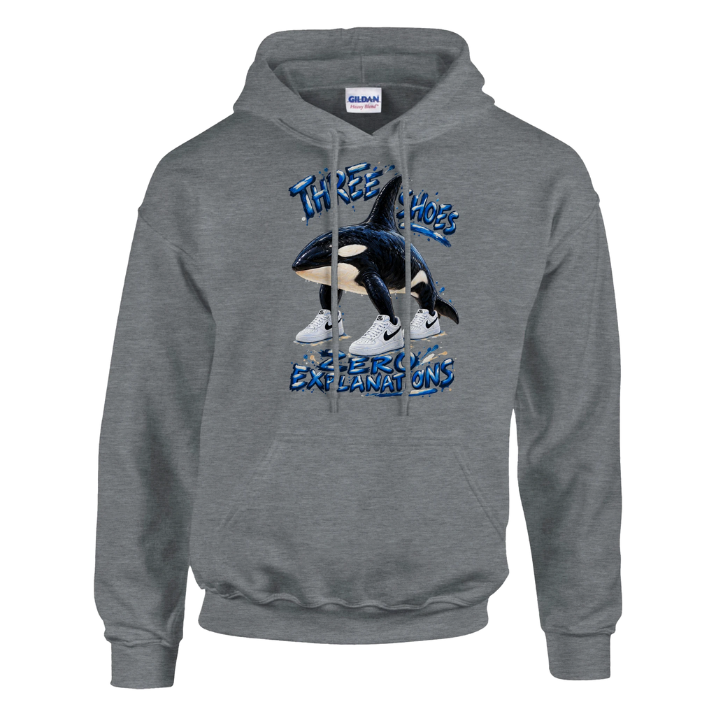 Orcalero Orcala print on a sport grey pullover hoodie, front view