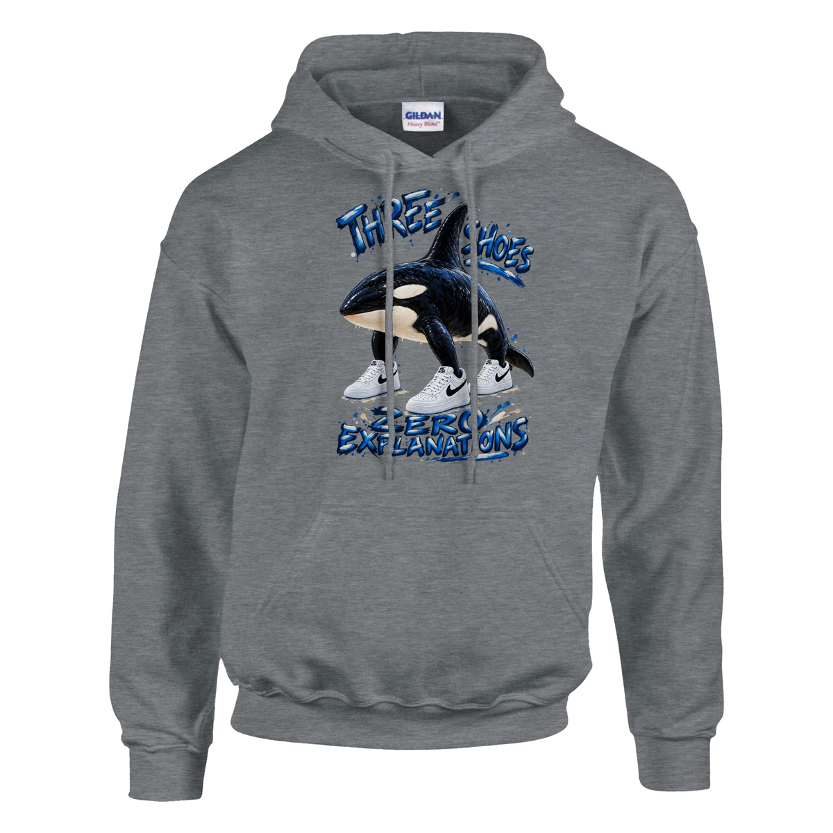 Orcalero Orcala print on a sport grey pullover hoodie, front view