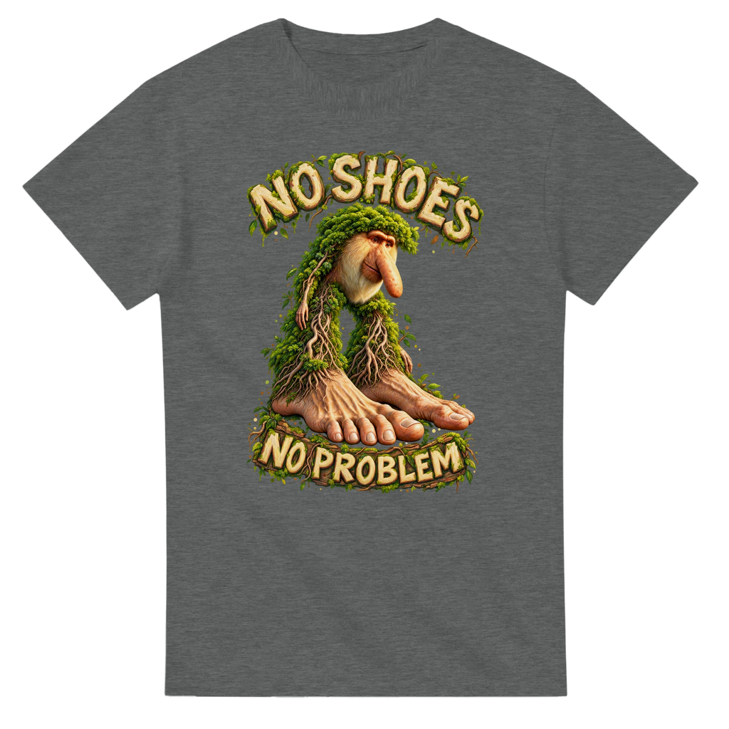 Graphite Heather t-shirt printed with Brr Brr Patapim and the words No shoes, no problem, front view