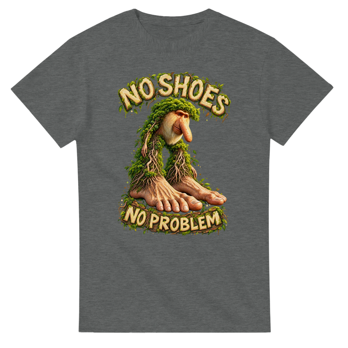 Graphite Heather t-shirt printed with Brr Brr Patapim and the words No shoes, no problem, front view