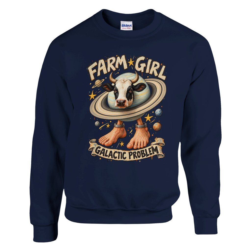 La Vaca Saturno Saturnita print on a navy crewneck sweatshirt, front view