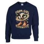 La Vaca Saturno Saturnita print on a navy crewneck sweatshirt, front view
