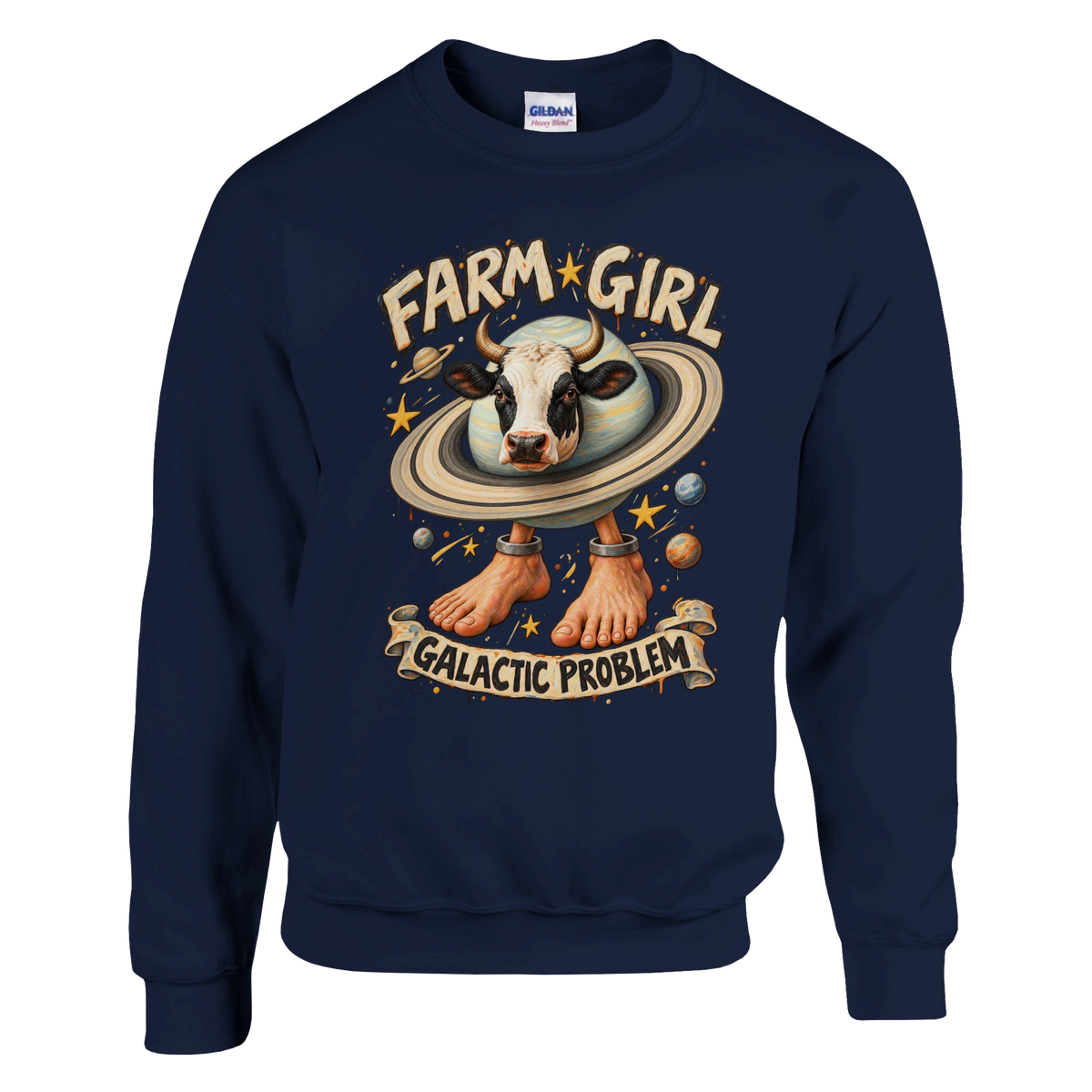 La Vaca Saturno Saturnita print on a navy crewneck sweatshirt, front view