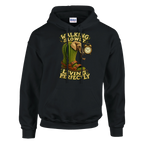 Lirili Larila print on a black pullover hoodie, front view
