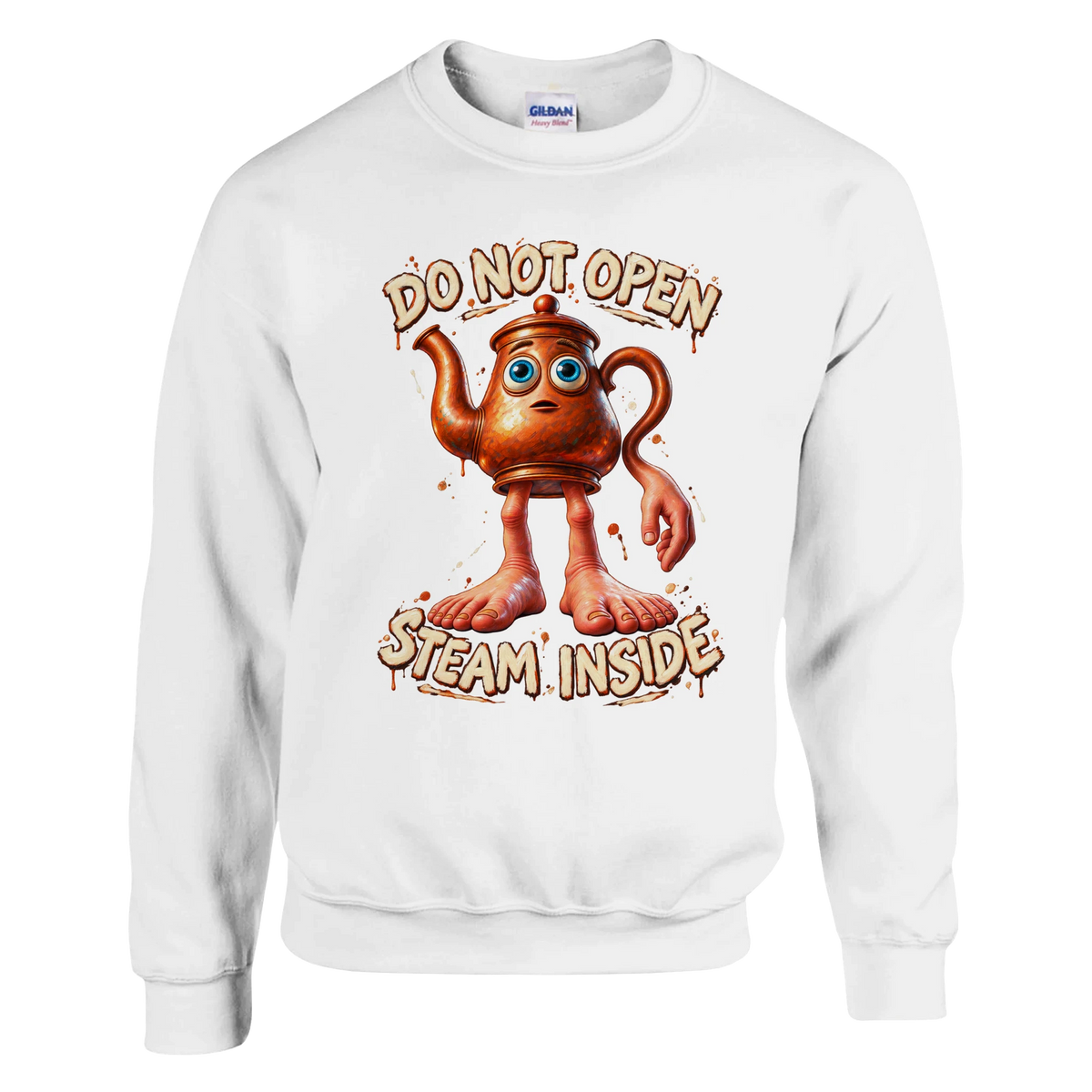 Ta Ta Ta Sahur print on a white crewneck sweatshirt, front view