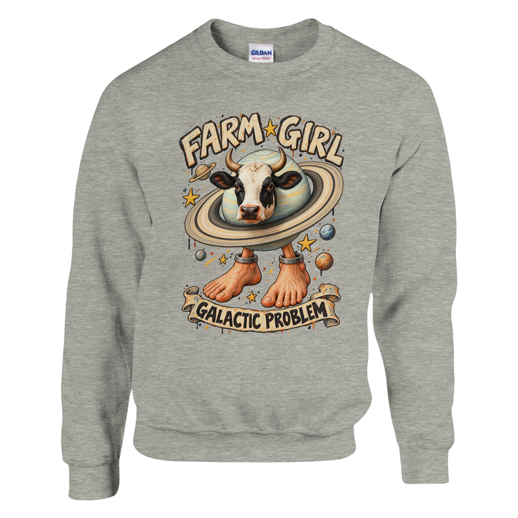 La Vaca Saturno Saturnita print on an ash grey crewneck sweatshirt, front view