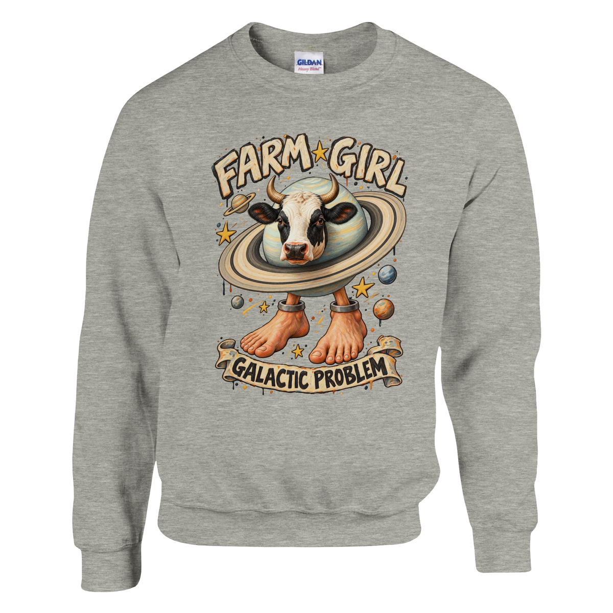 La Vaca Saturno Saturnita print on an ash grey crewneck sweatshirt, front view