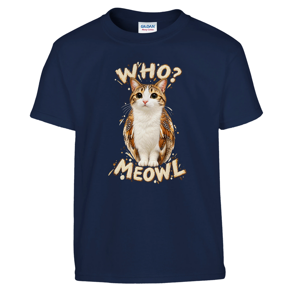 Meowl print on a navy kids t-shirt, front view
