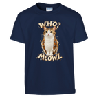 Meowl print on a navy kids t-shirt, front view