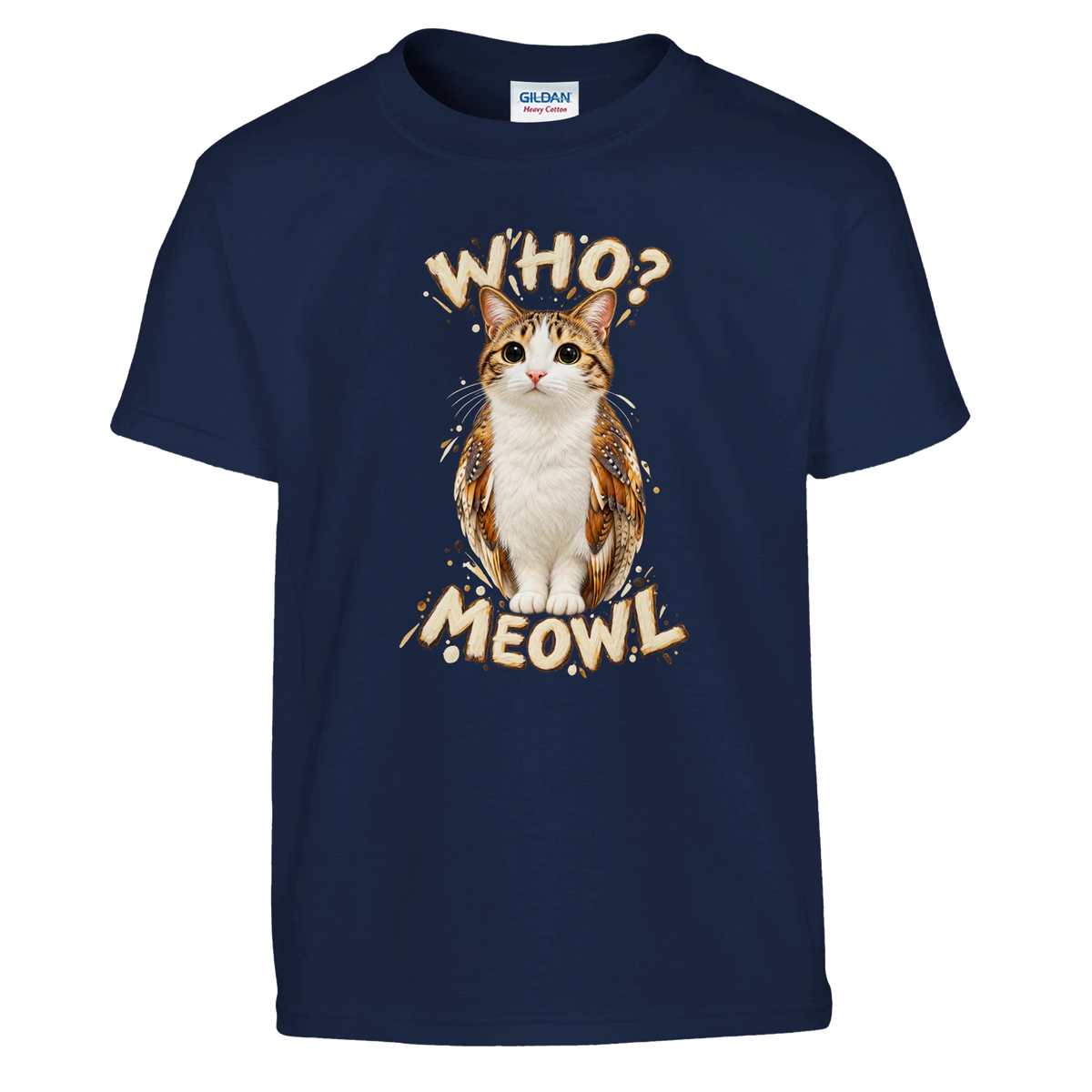 Meowl print on a navy kids t-shirt, front view