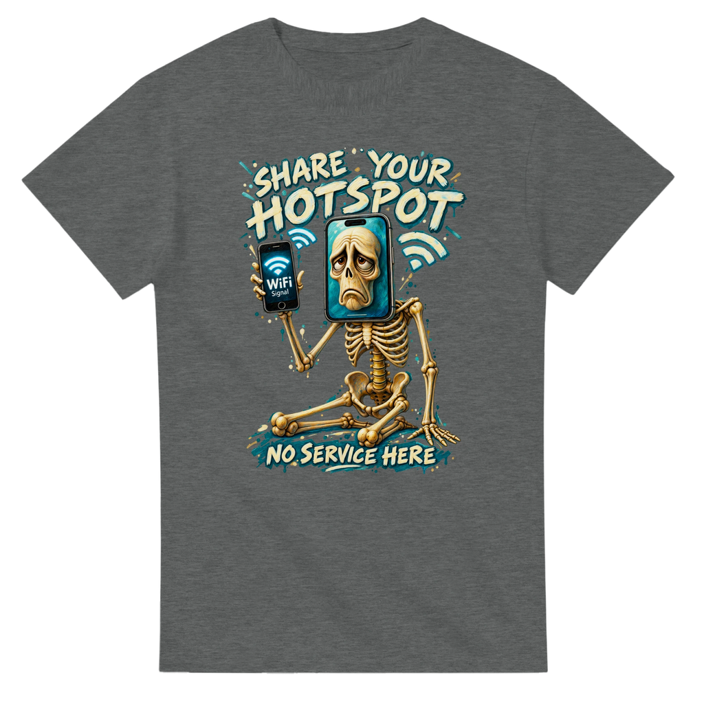 Graphite Heather t-shirt printed with Pot Hotspot and the words Share your hotspot, no service here, front view