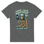 Graphite Heather t-shirt printed with Pot Hotspot and the words Share your hotspot, no service here, front view