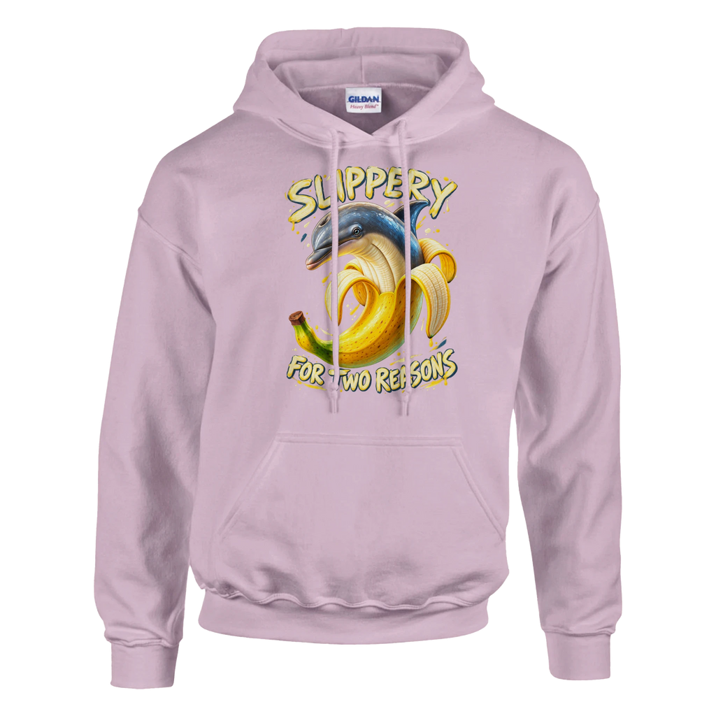 Bananita Dolphinita print on a light pink pullover hoodie, front view