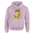 Bananita Dolphinita print on a light pink pullover hoodie, front view