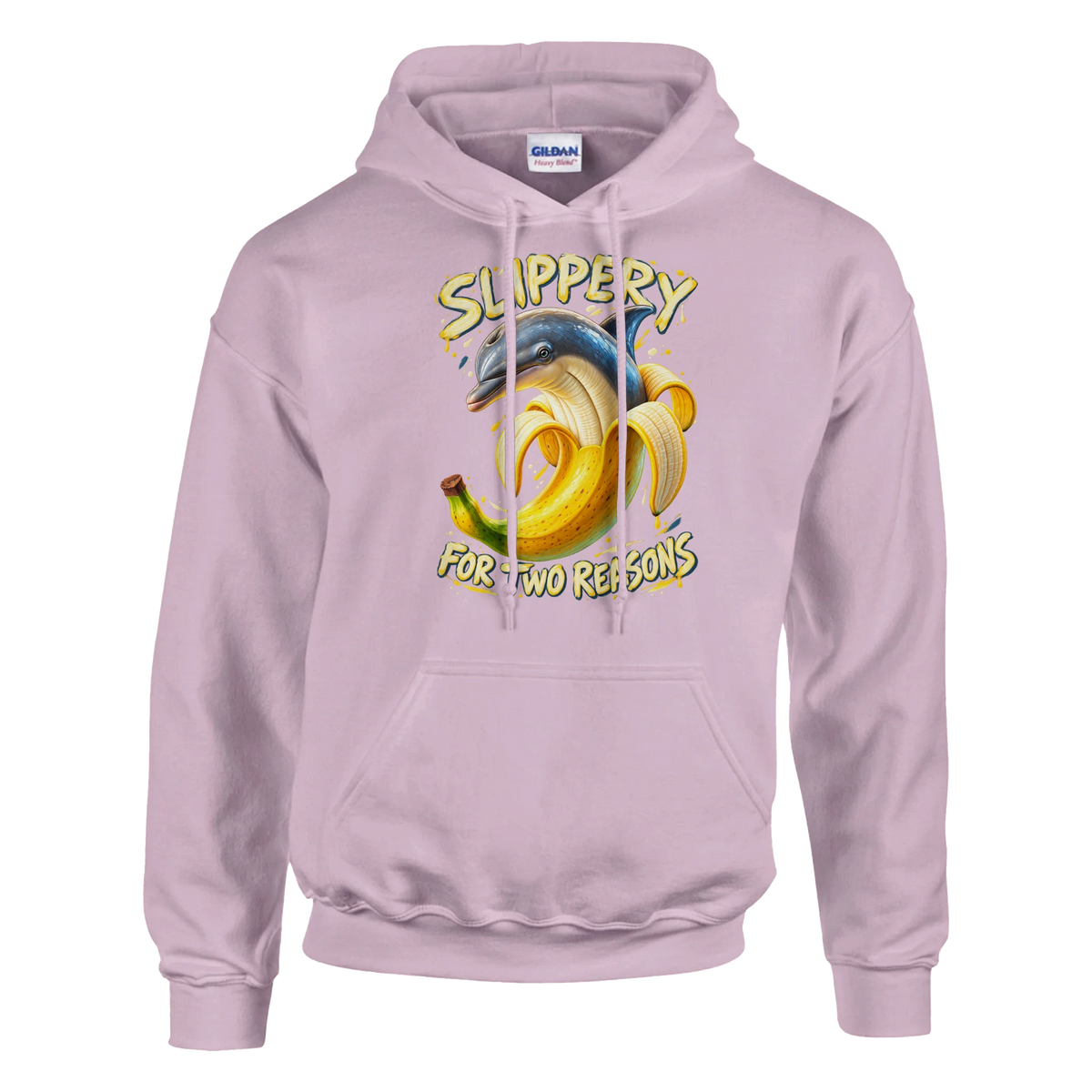 Bananita Dolphinita print on a light pink pullover hoodie, front view