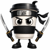 Cappuccino Assassino character artwork, a takeaway coffee cup dressed as a ninja with a headband and two katanas