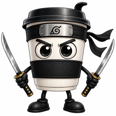 Cappuccino Assassino character artwork, a takeaway coffee cup dressed as a ninja with a headband and two katanas