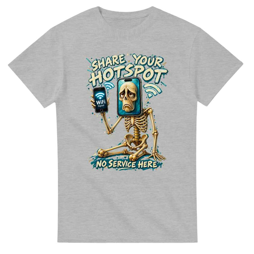 Ash t-shirt printed with Pot Hotspot and the words Share your hotspot, no service here, front view