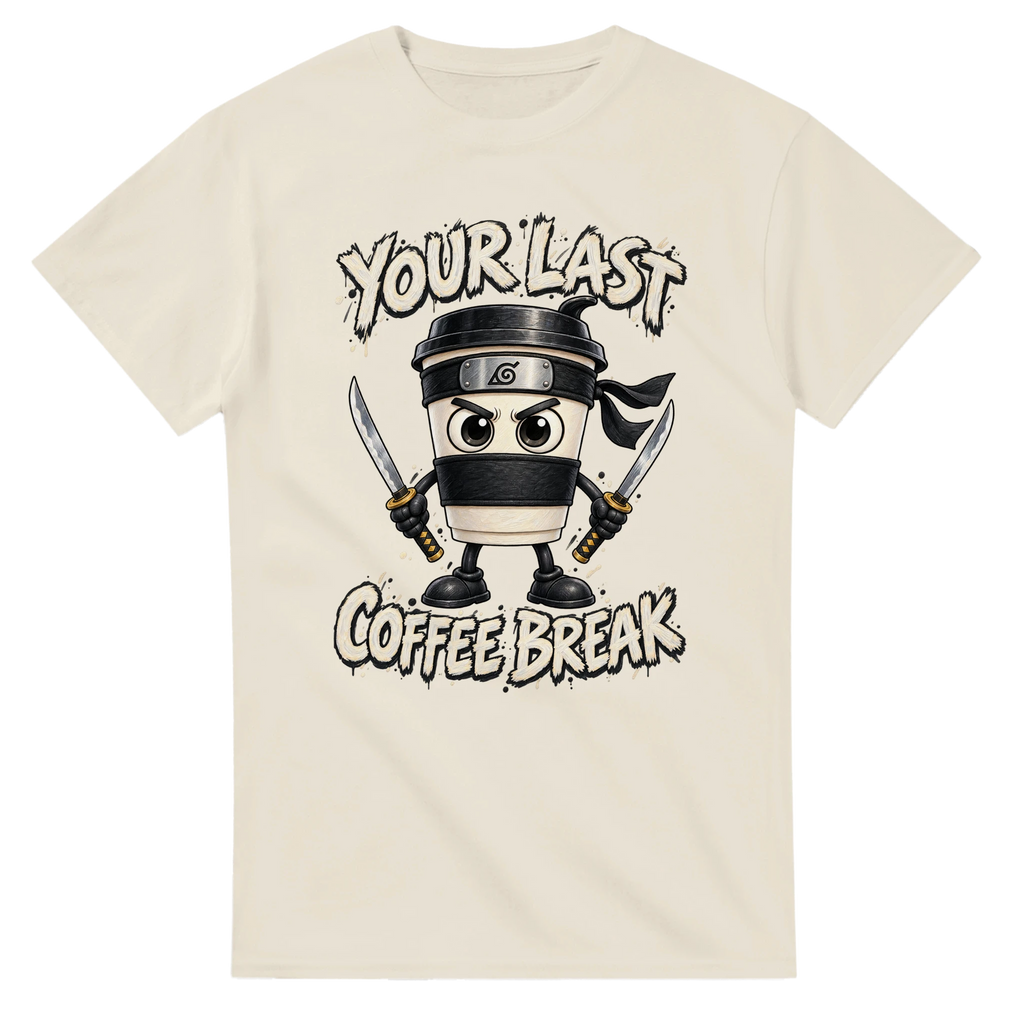 Natural t-shirt printed with Cappuccino Assassino and the words Your last coffee break, front view