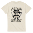 Natural t-shirt printed with Cappuccino Assassino and the words Your last coffee break, front view