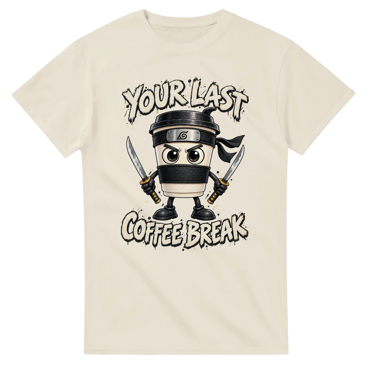 Natural t-shirt printed with Cappuccino Assassino and the words Your last coffee break, front view