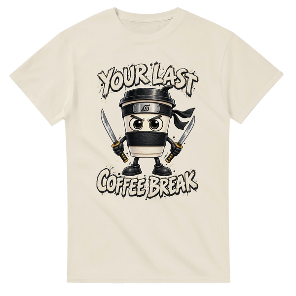 Natural t-shirt printed with Cappuccino Assassino and the words Your last coffee break, front view