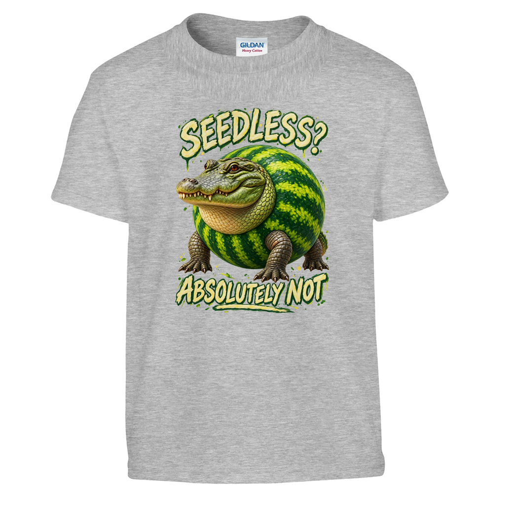 Glorbo Fruttodrillo print on a sport grey kids t-shirt, front view