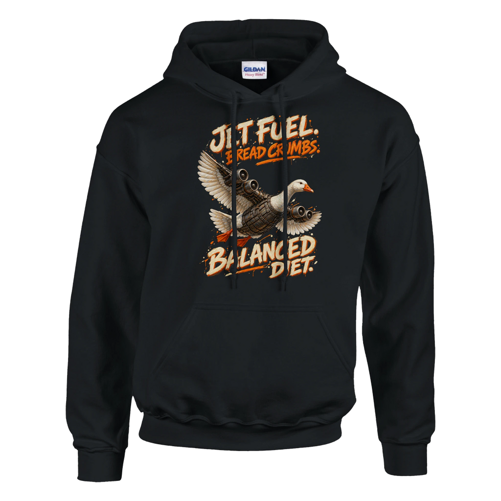 Bombombini Gusini print on a black pullover hoodie, front view