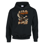 Bombombini Gusini print on a black pullover hoodie, front view