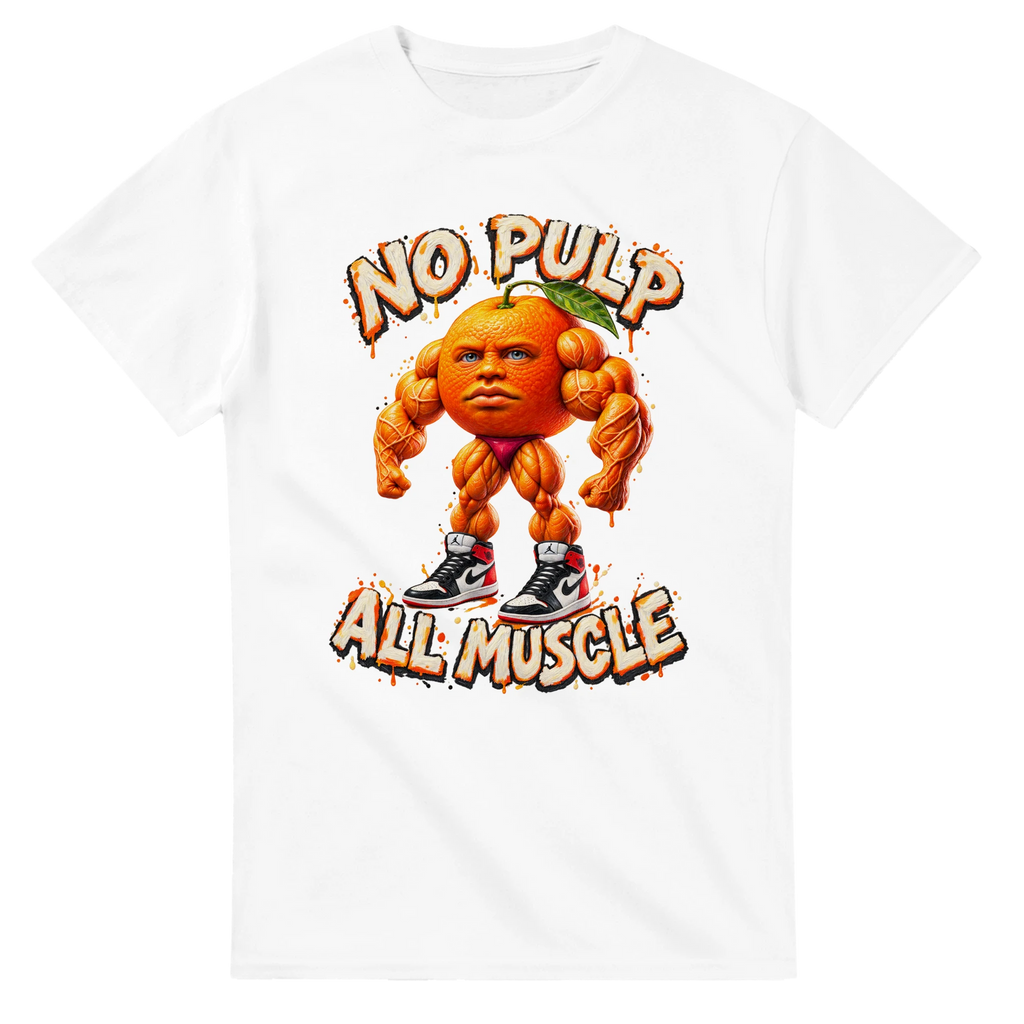 White t-shirt printed with Odin Din Din Dun and the words No pulp, all muscle, front view