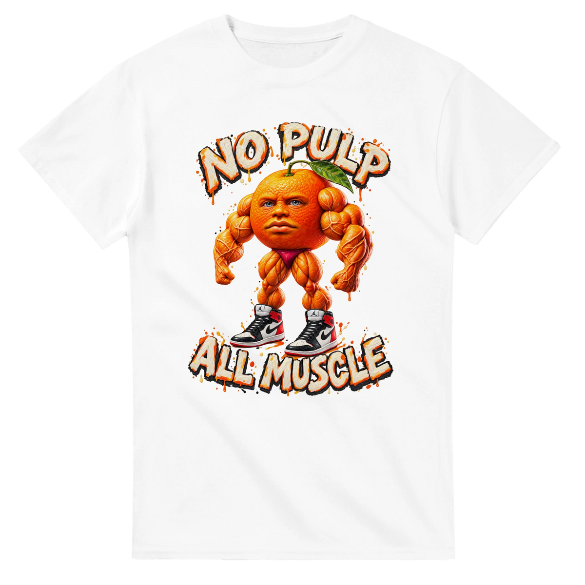 White t-shirt printed with Odin Din Din Dun and the words No pulp, all muscle, front view