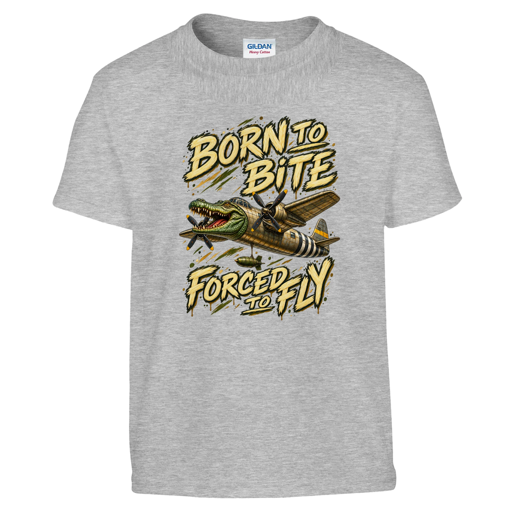 Bombardino Crocodilo print on a sport grey kids t-shirt, front view
