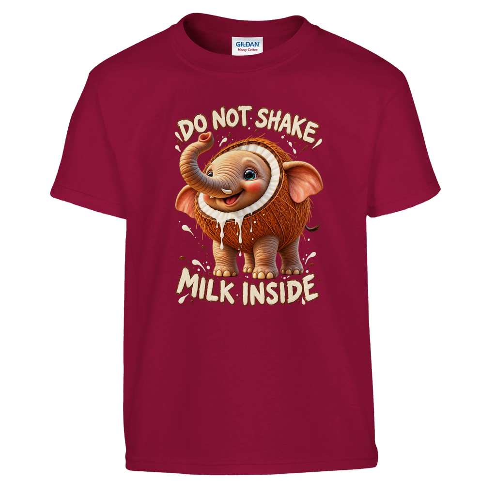 Cocofanto Elefanto print on a cardinal red kids t-shirt, front view