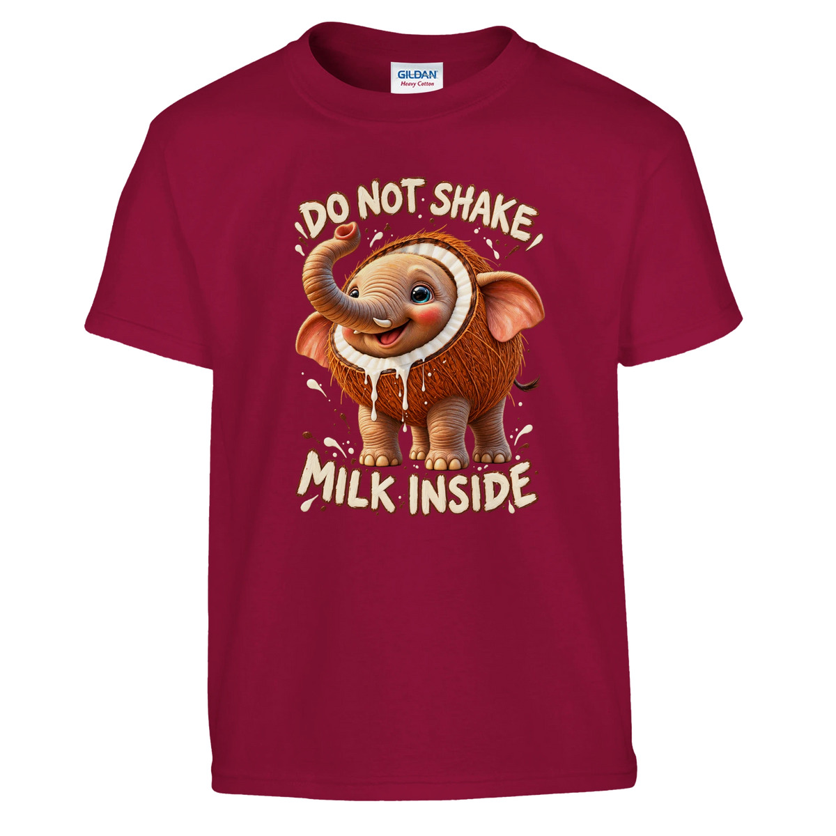 Cocofanto Elefanto print on a cardinal red kids t-shirt, front view