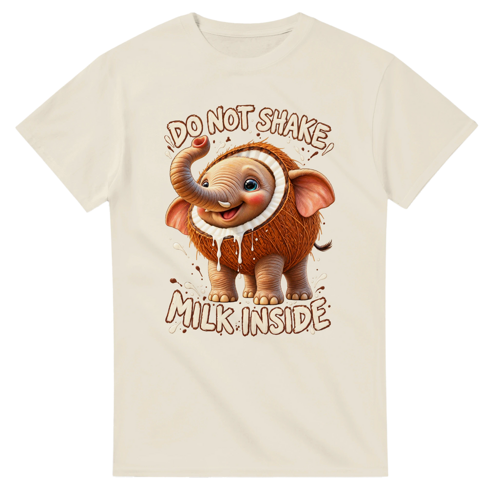 Natural t-shirt printed with Cocofanto Elefanto and the words Do not shake, milk inside, front view