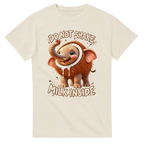 Natural t-shirt printed with Cocofanto Elefanto and the words Do not shake, milk inside, front view