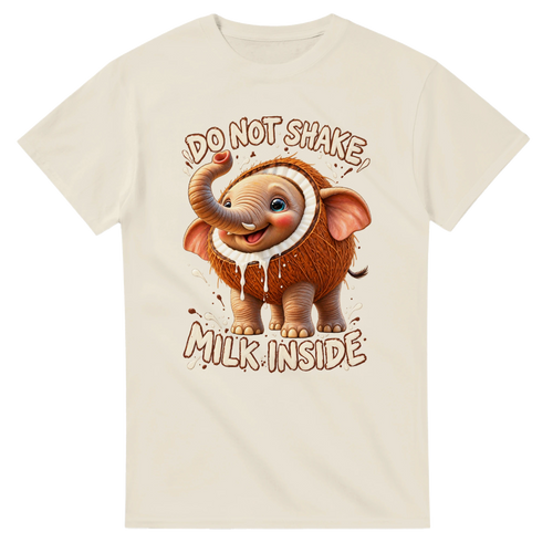 Natural t-shirt printed with Cocofanto Elefanto and the words Do not shake, milk inside, front view