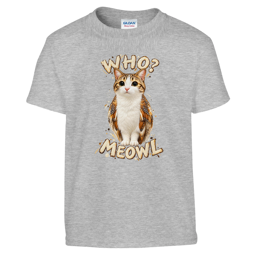 Meowl print on a sport grey kids t-shirt, front view