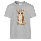 Meowl print on a sport grey kids t-shirt, front view