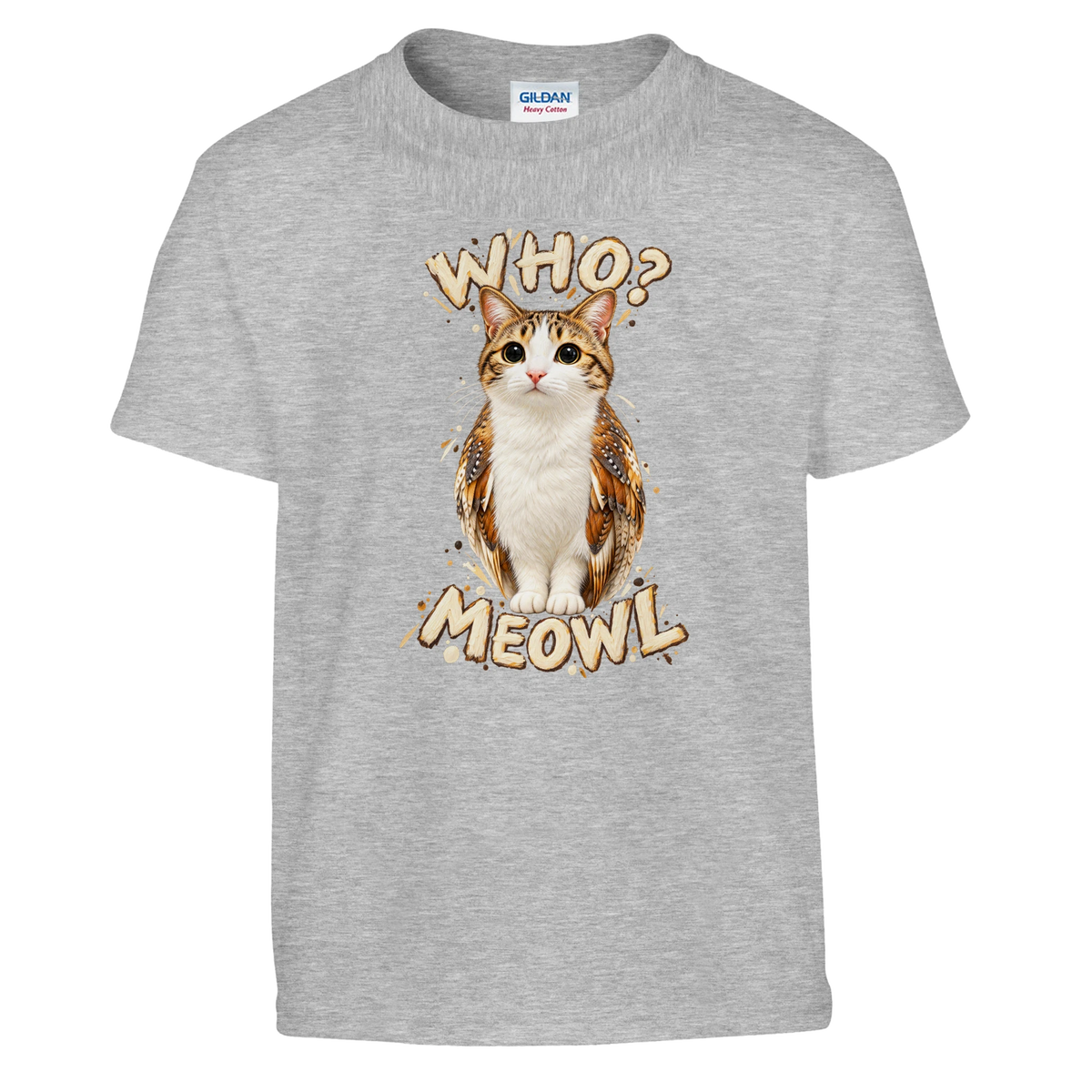 Meowl print on a sport grey kids t-shirt, front view