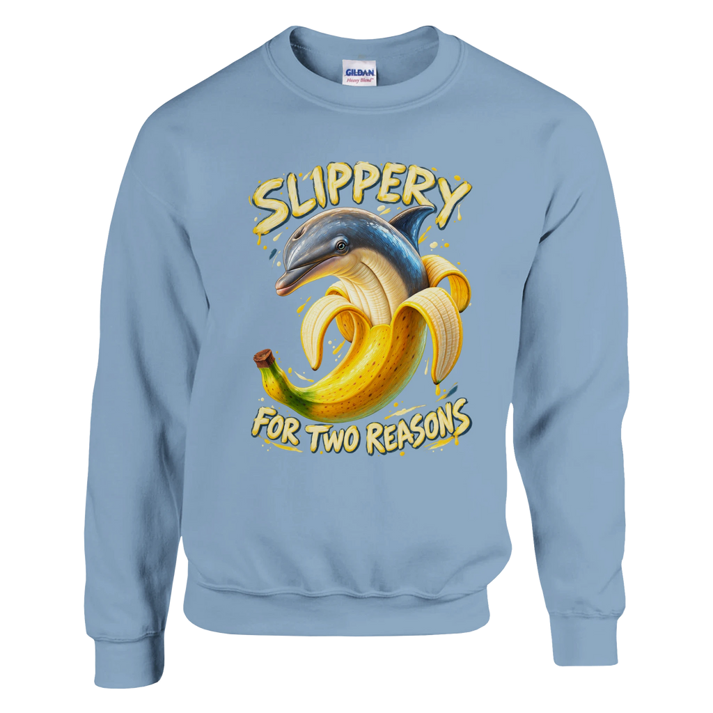 Bananita Dolphinita print on a light blue crewneck sweatshirt, front view