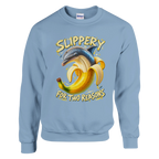Bananita Dolphinita print on a light blue crewneck sweatshirt, front view