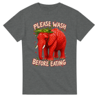 Graphite Heather t-shirt printed with Strawberry Elephant and the words Please wash before eating, front view