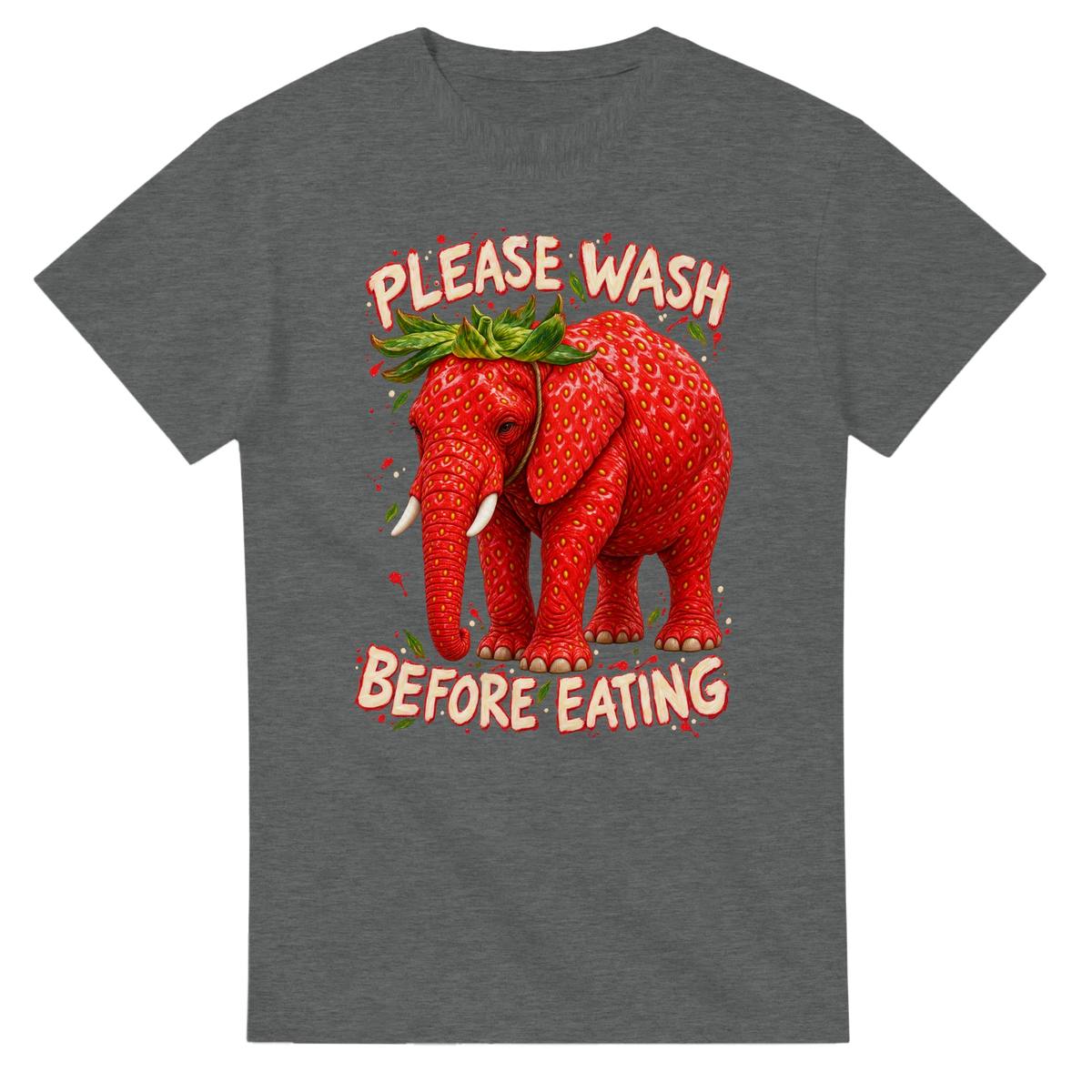Graphite Heather t-shirt printed with Strawberry Elephant and the words Please wash before eating, front view