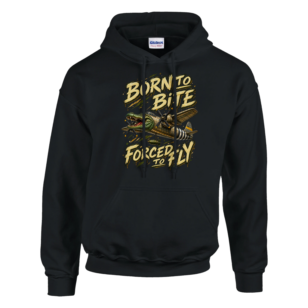 Bombardino Crocodilo print on a black pullover hoodie, front view