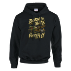 Bombardino Crocodilo print on a black pullover hoodie, front view