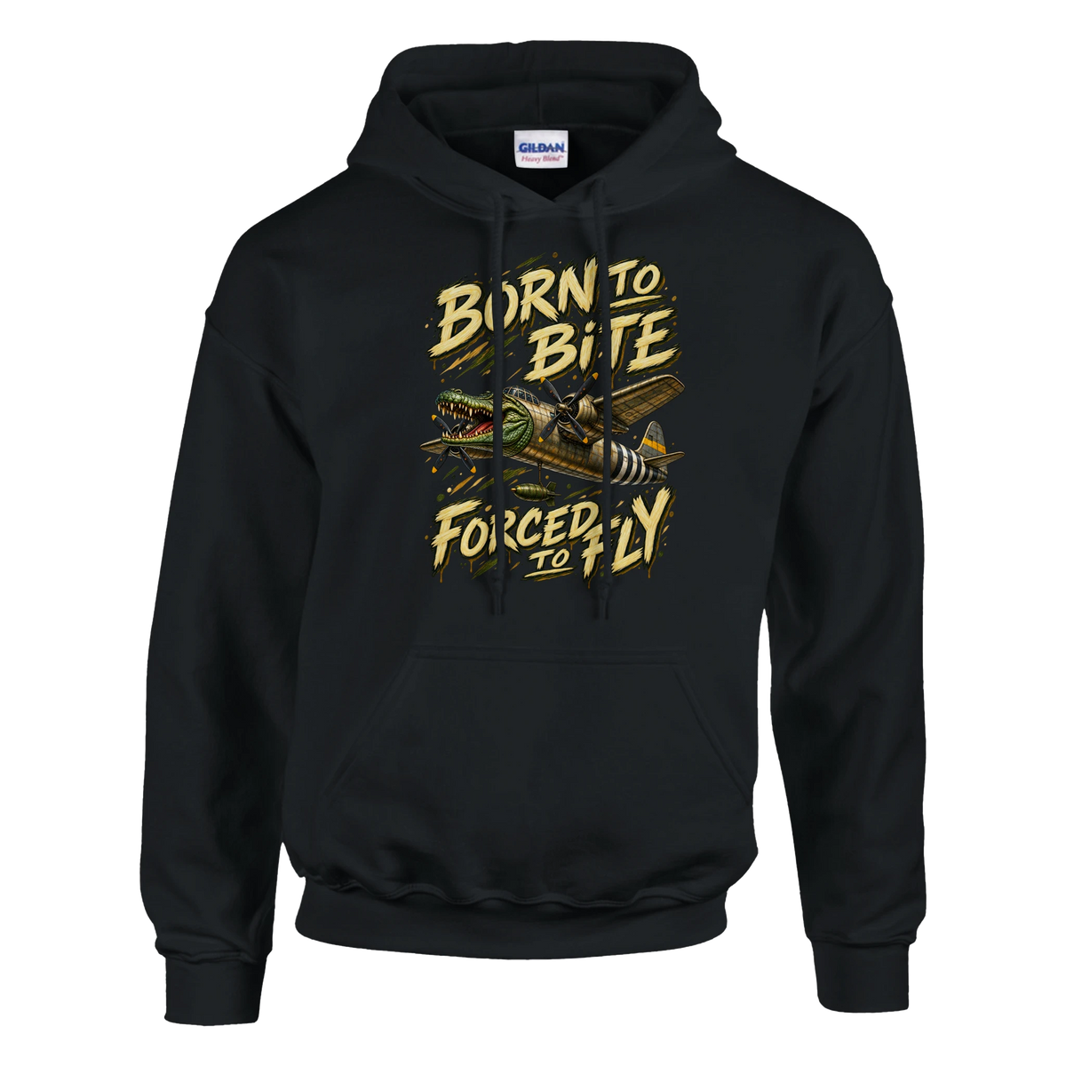 Bombardino Crocodilo print on a black pullover hoodie, front view