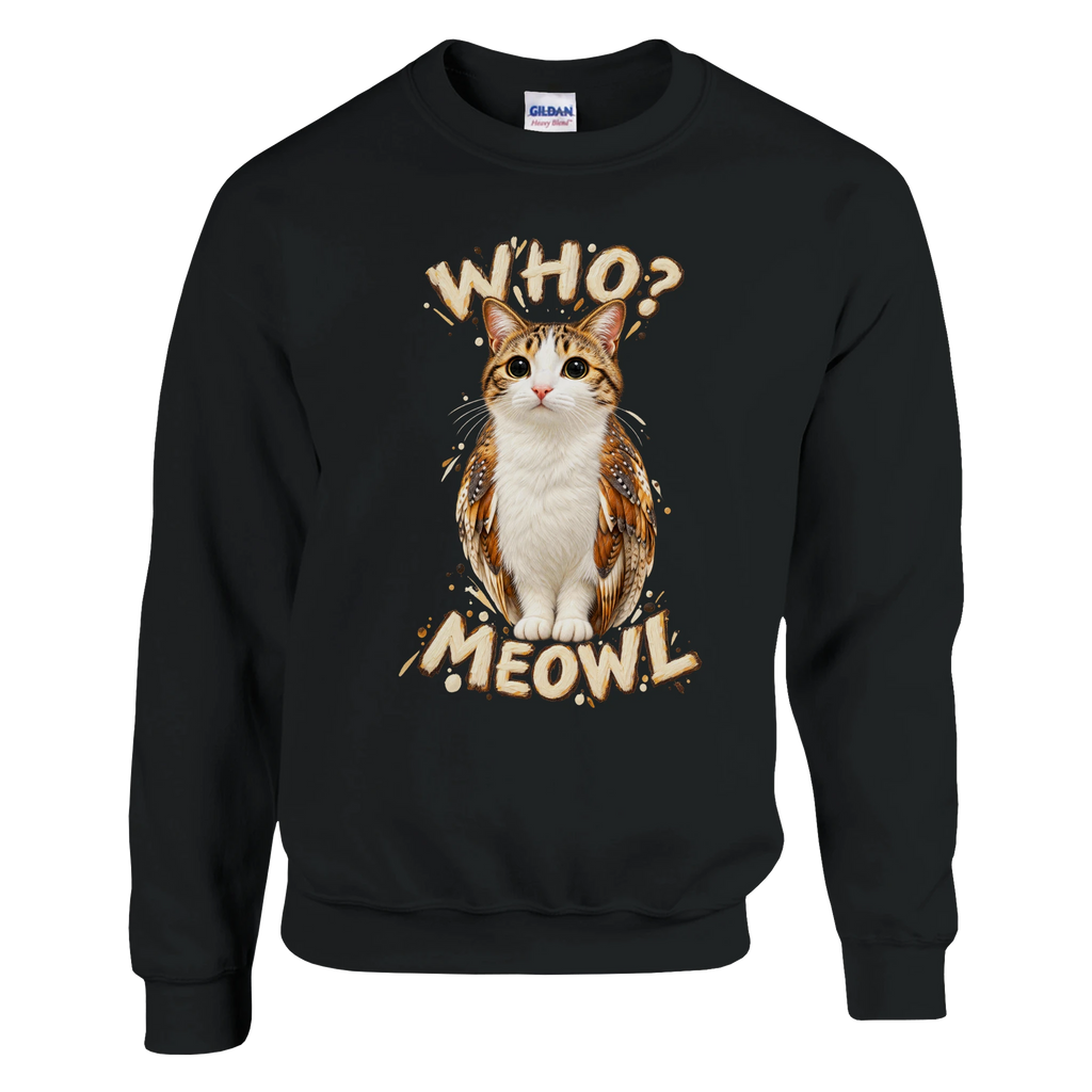 Meowl print on a black crewneck sweatshirt, front view