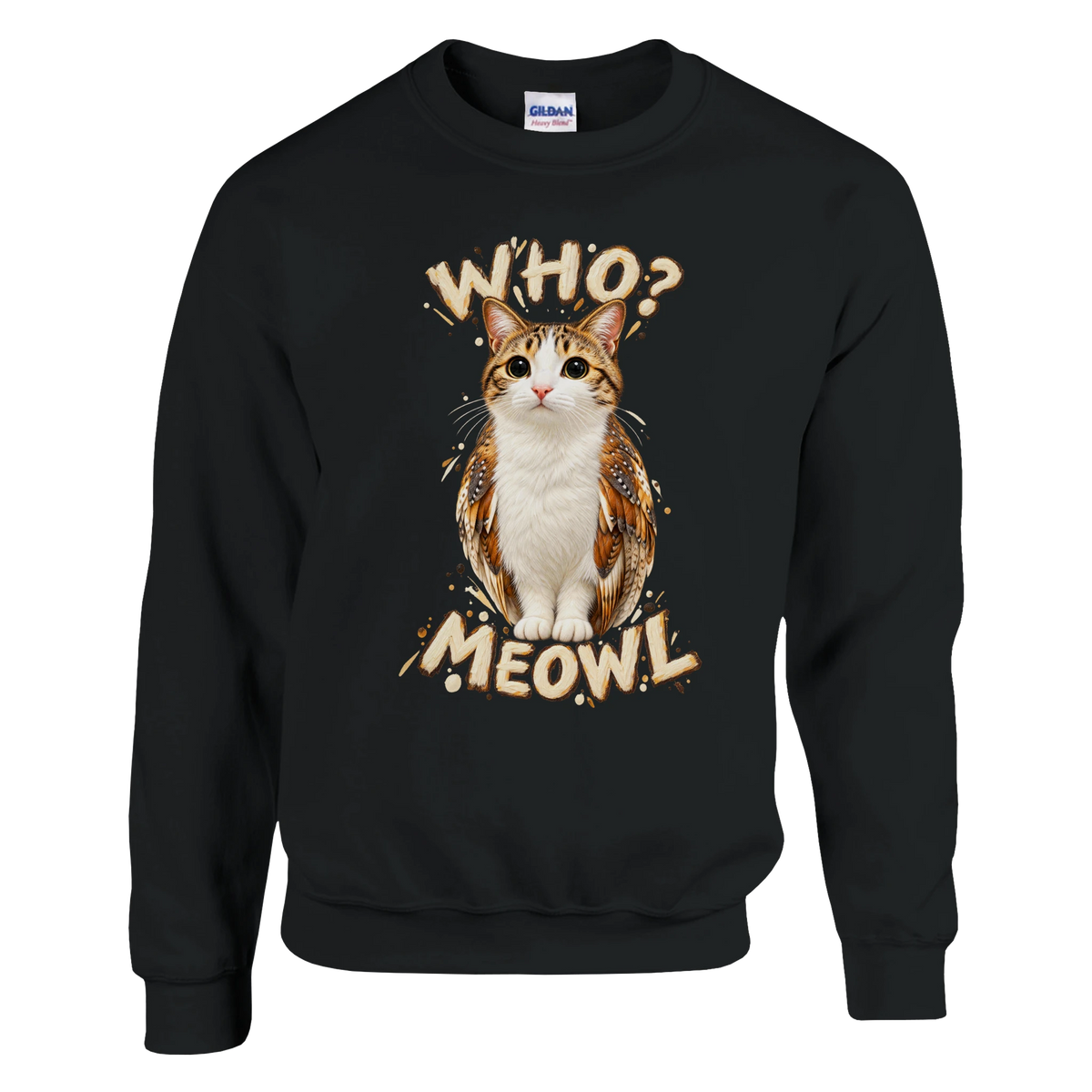 Meowl print on a black crewneck sweatshirt, front view