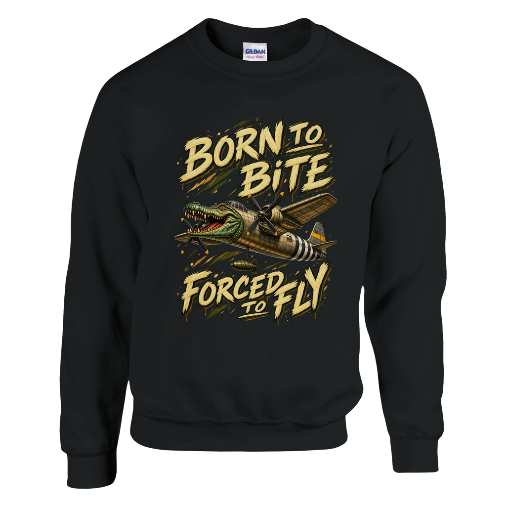 Bombardino Crocodilo print on a black crewneck sweatshirt, front view